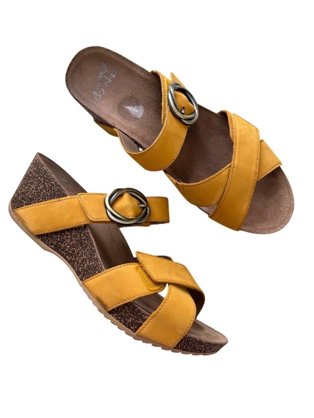 Dansko Womens Sz 40 Yellow Leather Strappy Wedge Sandals With Adjustable Buckle